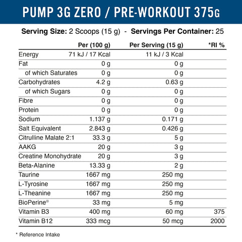PUMP 3G PRE-WORKOUT 375G (zero stim)